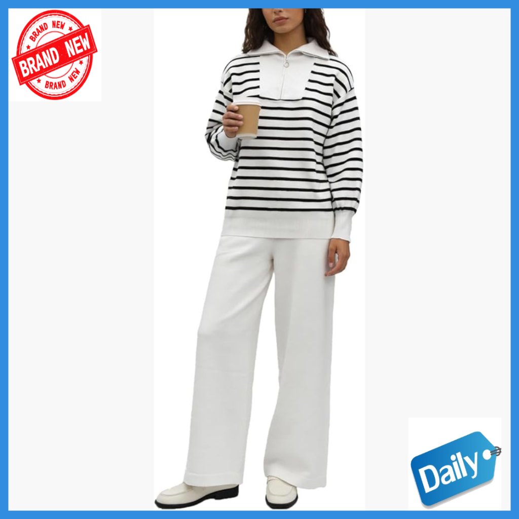 Oversized Two Piece Set, Striped Knit, Wide Leg Pants, Half Zip Top